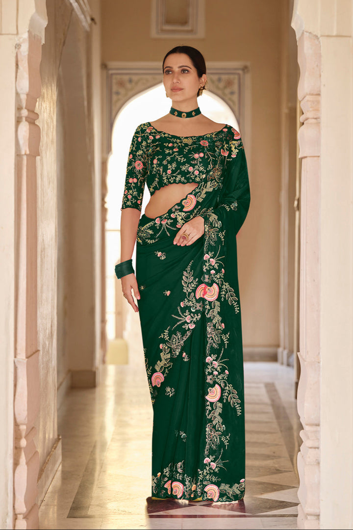 Elegant Organza Saree with Unstitched Blouse | Embroidered Saree