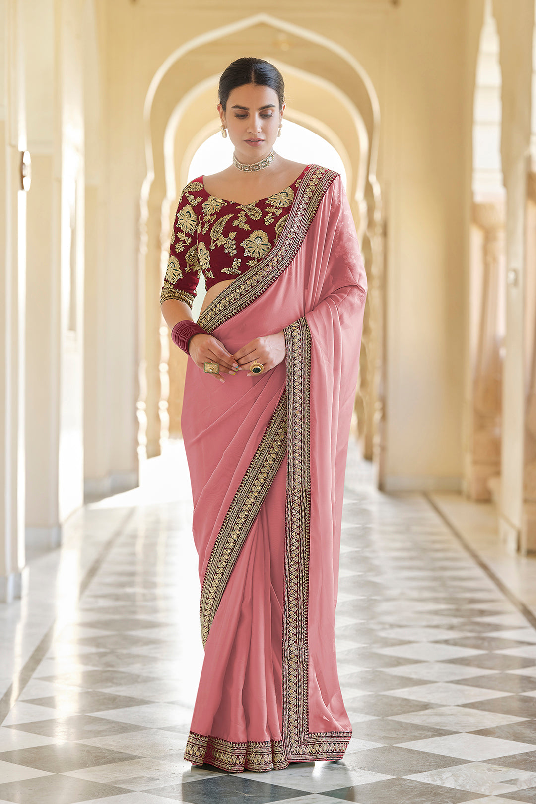 Embroidered Hot Pink Saree | Organza Saree with Sequins & Zari Work