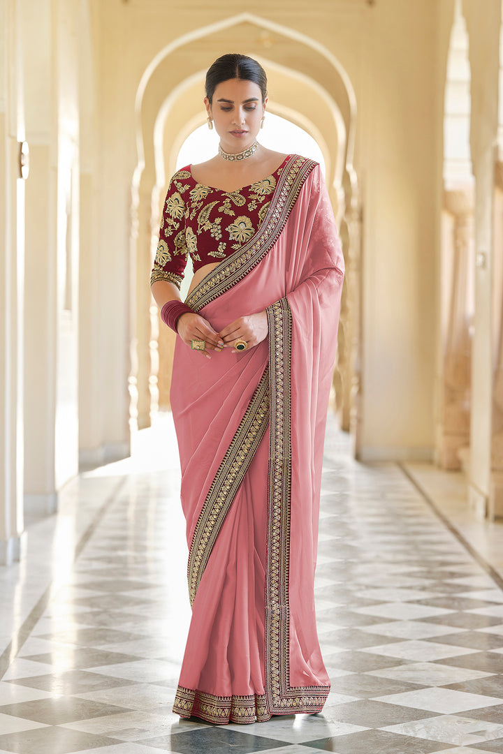 Embroidered Hot Pink Saree | Organza Saree with Sequins & Zari Work