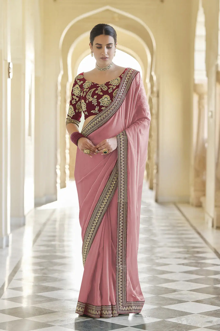 Embroidered Hot Pink Saree | Organza Saree with Sequins & Zari Work