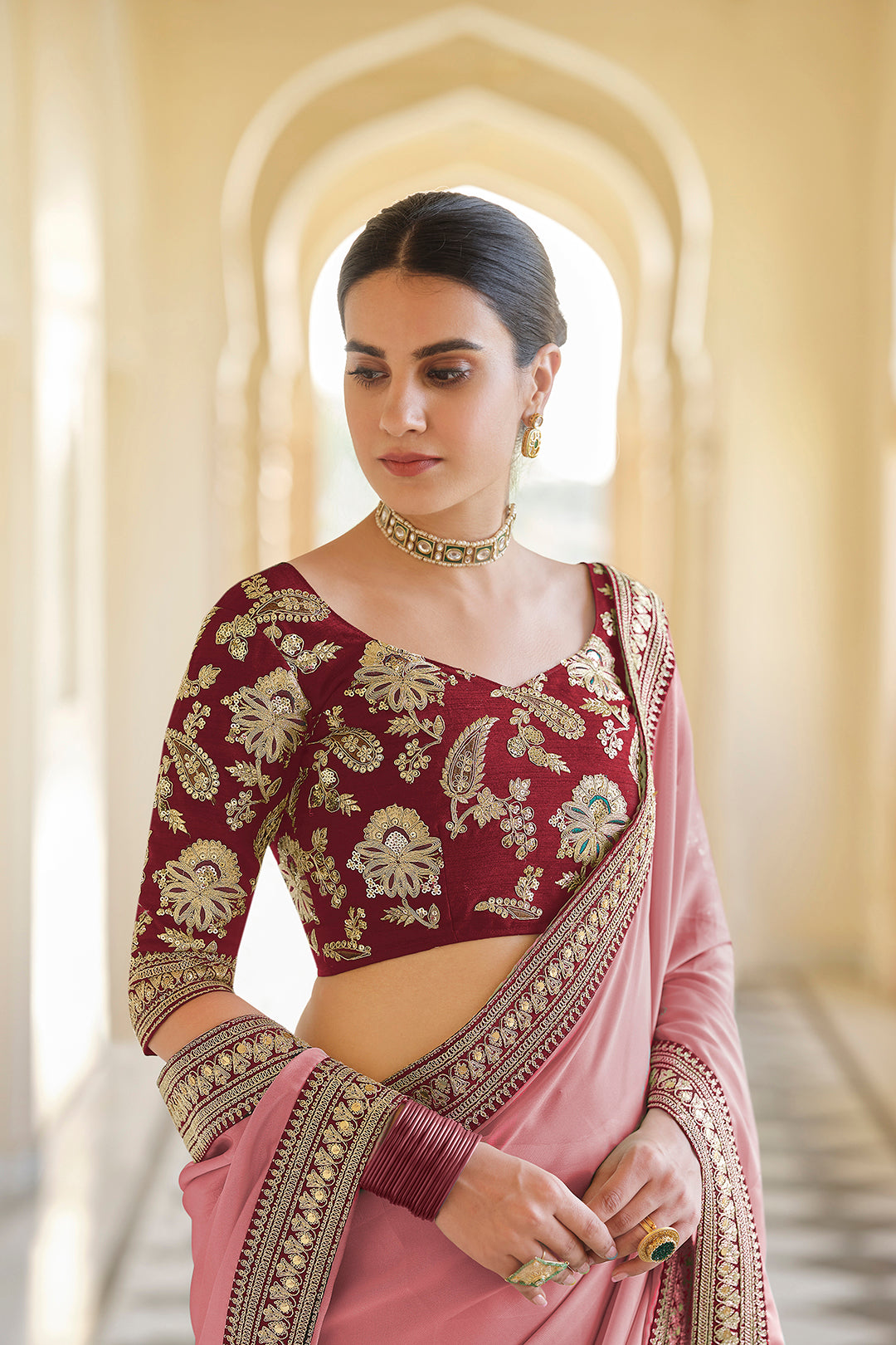 Embroidered Hot Pink Saree | Organza Saree with Sequins & Zari Work