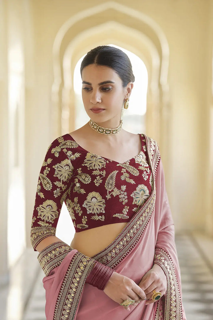 Embroidered Hot Pink Saree | Organza Saree with Sequins & Zari Work