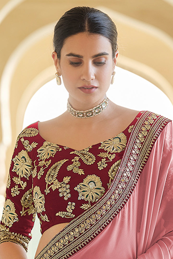 Embroidered Hot Pink Saree | Organza Saree with Sequins & Zari Work