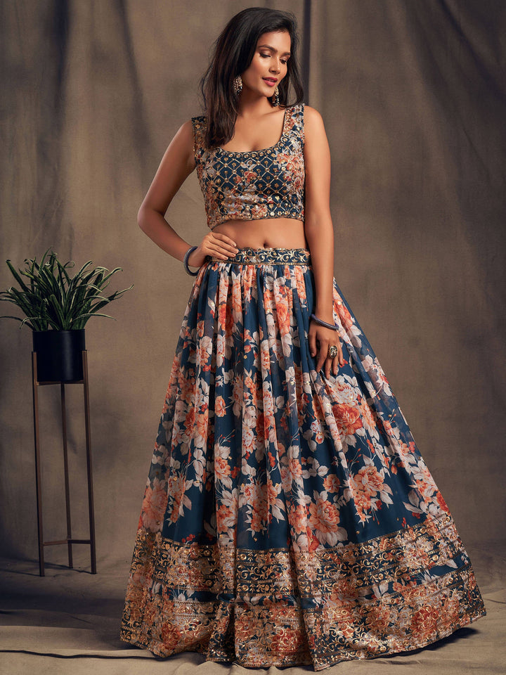 Semi-stitched dove blue lehenga with intricate floral embroidery