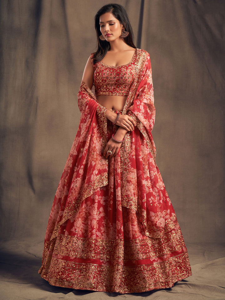 Lovely Red Floral Printed Organza | Wedding Lehenga Choli With Dupatta Signature Design
