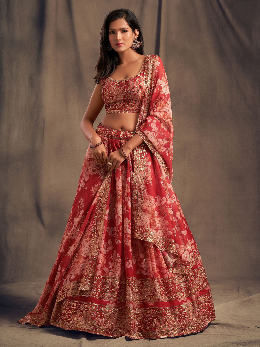 Lovely Red Floral Printed Organza Wedding Lehenga Choli With Dupatta