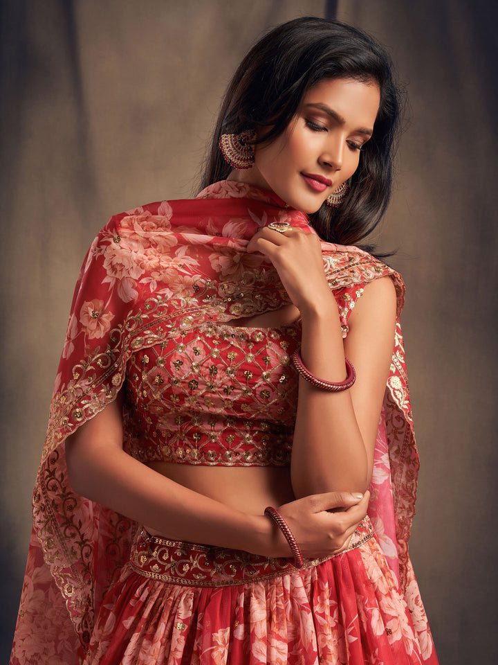 Lovely Red Floral Printed Organza | Wedding Lehenga Choli With Dupatta Signature Design