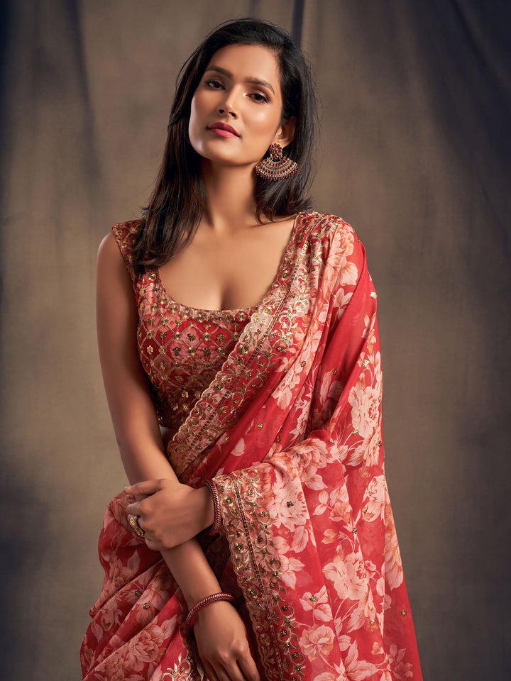 Lovely Red Floral Printed Organza Wedding Lehenga Choli With Dupatta