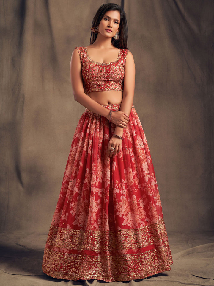 Lovely Red Floral Printed Organza Wedding Lehenga Choli With Dupatta