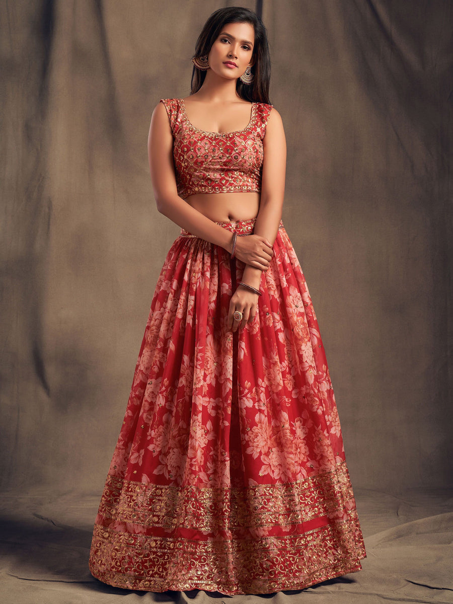 Lovely Red Floral Printed Organza Wedding Lehenga Choli With Dupatta