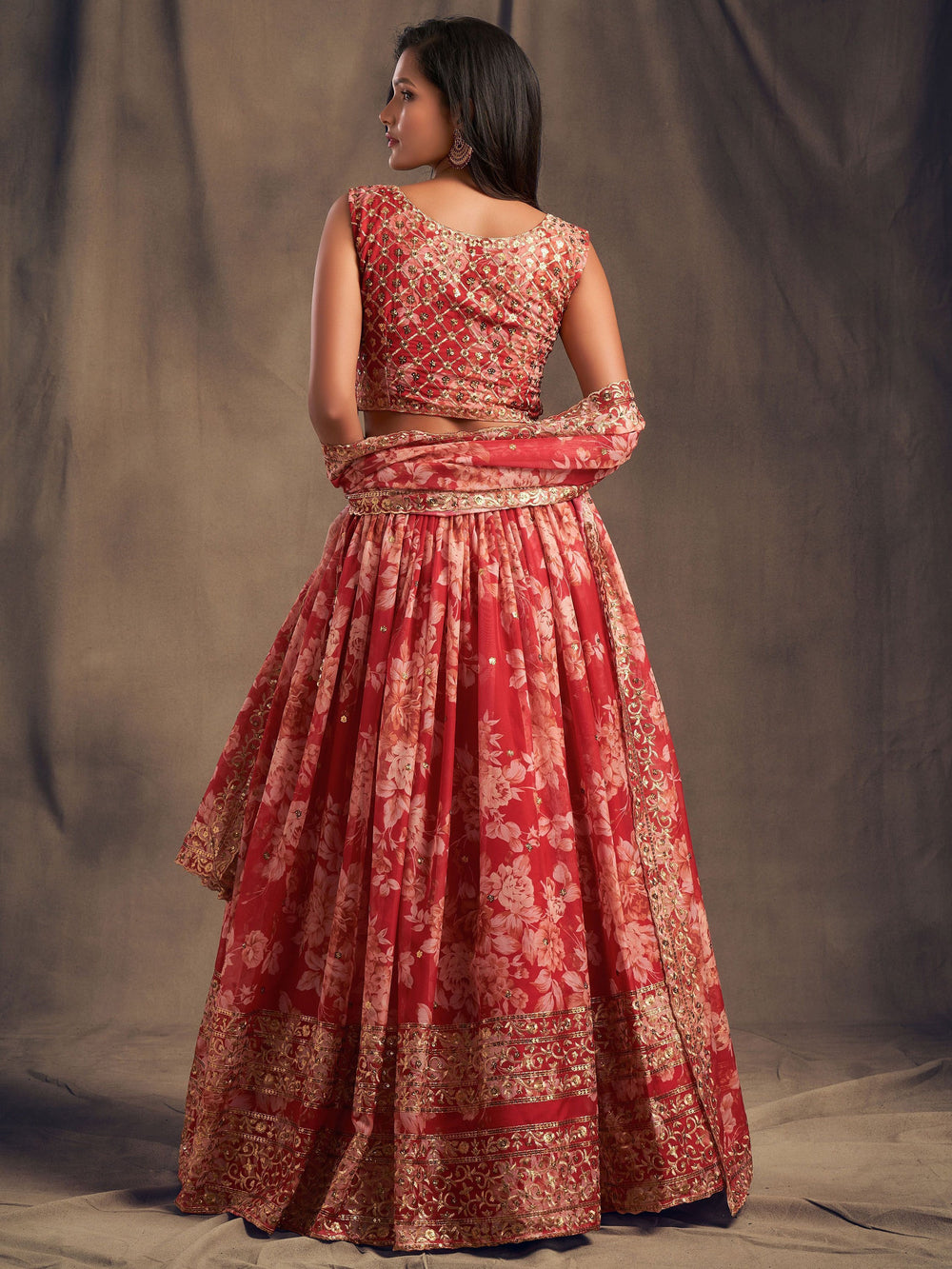 Lovely Red Floral Printed Organza Wedding Lehenga Choli With Dupatta