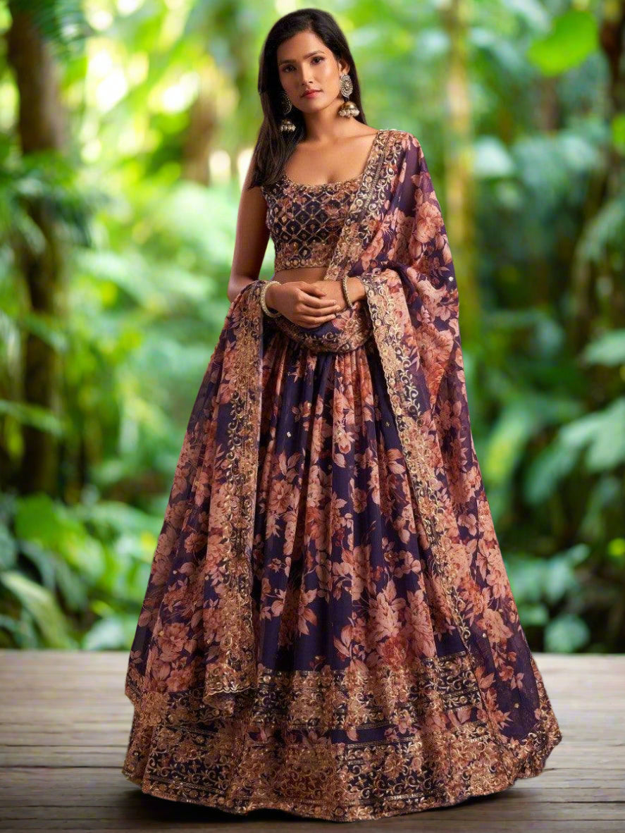 Purple lehenga with floral print and sequins embroidery for weddings and parties.