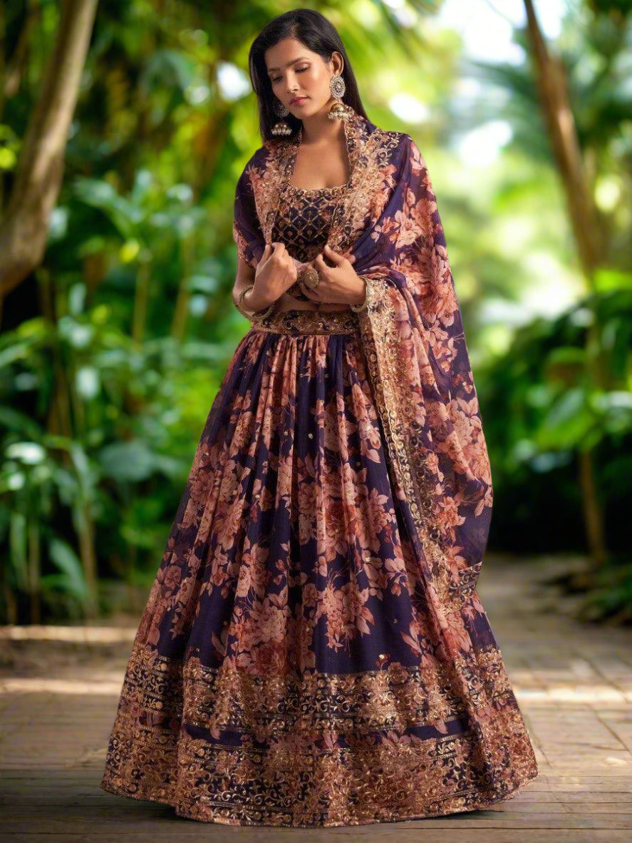 Designer purple lehenga choli with sequins detail, perfect for celebrations.