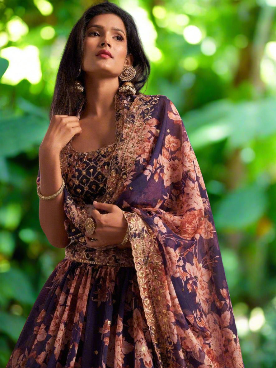Bridal purple lehenga with matching choli and dupatta for wedding wear.