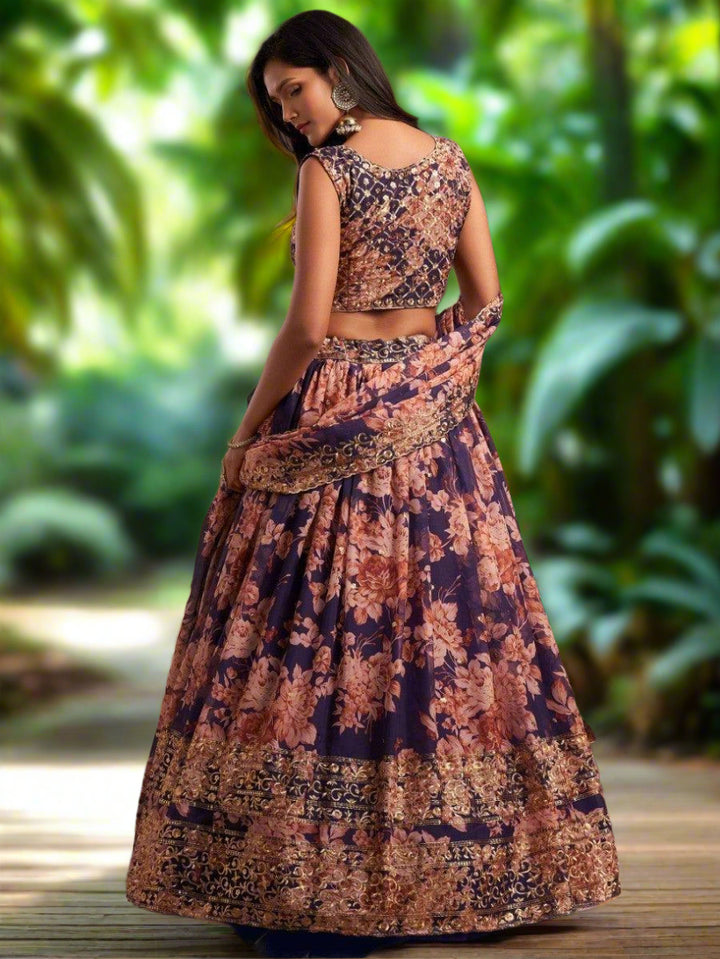 Traditional purple lehenga with floral design and sequins embroidery work.