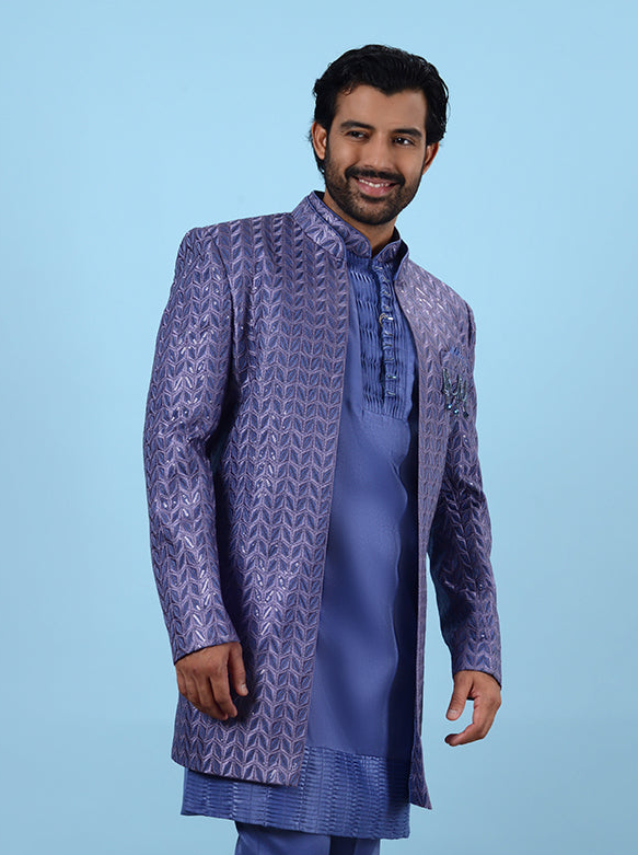 Stylish Purple & Blue Silk Blend Indowestern | Men’s Embroidered Outfit