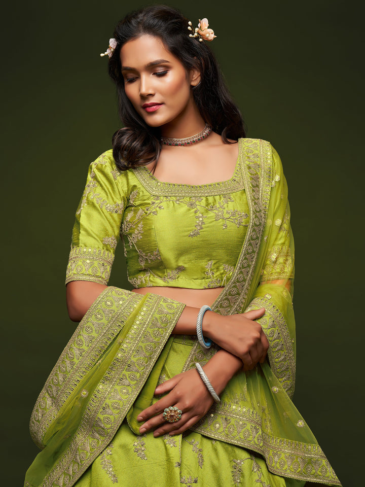 Semi-stitched traditional lehenga with can-can and lace details.
