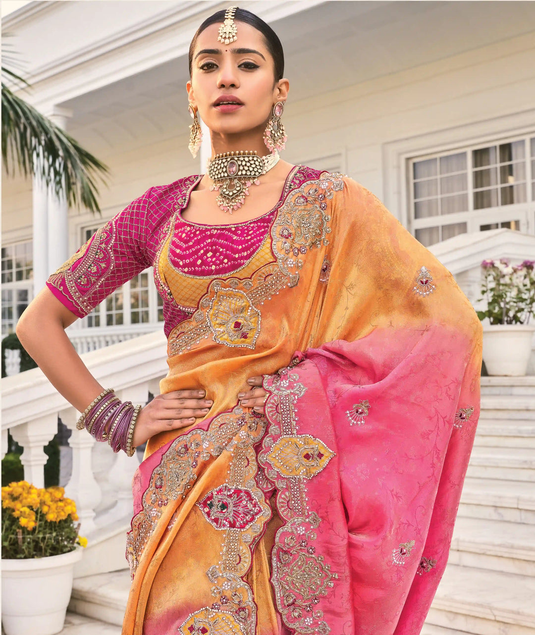 Traditional Multicolor Crape Jaquard Saree with Pure Silk & Heavy Work
