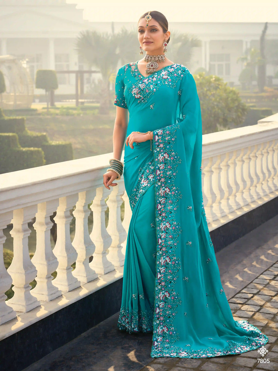 Sea Blue Pure Crape Saree with Moti, Jarkan & Thread Heavy Work