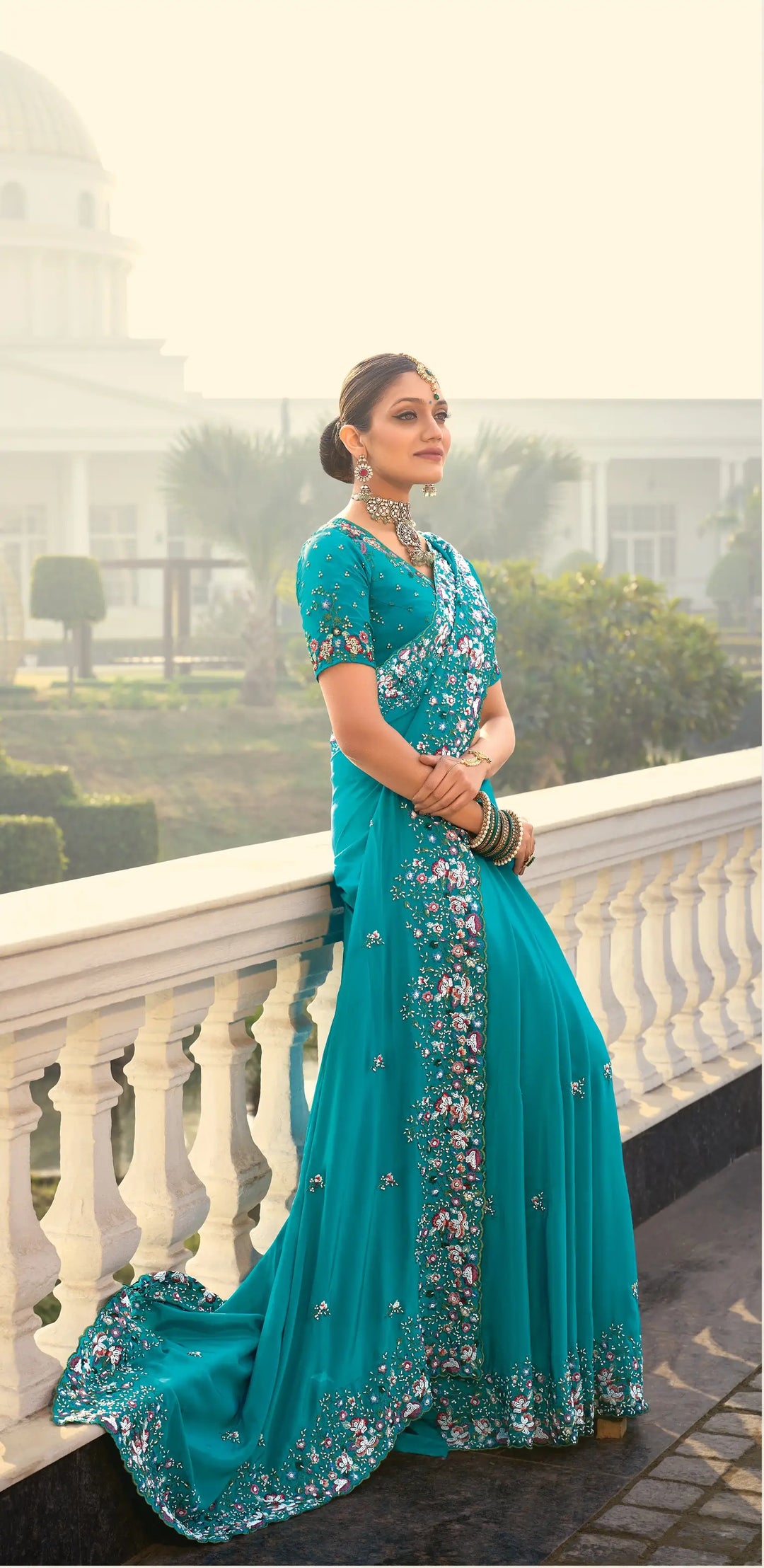 Sea Blue Pure Crape Saree with Moti, Jarkan & Thread Heavy Work