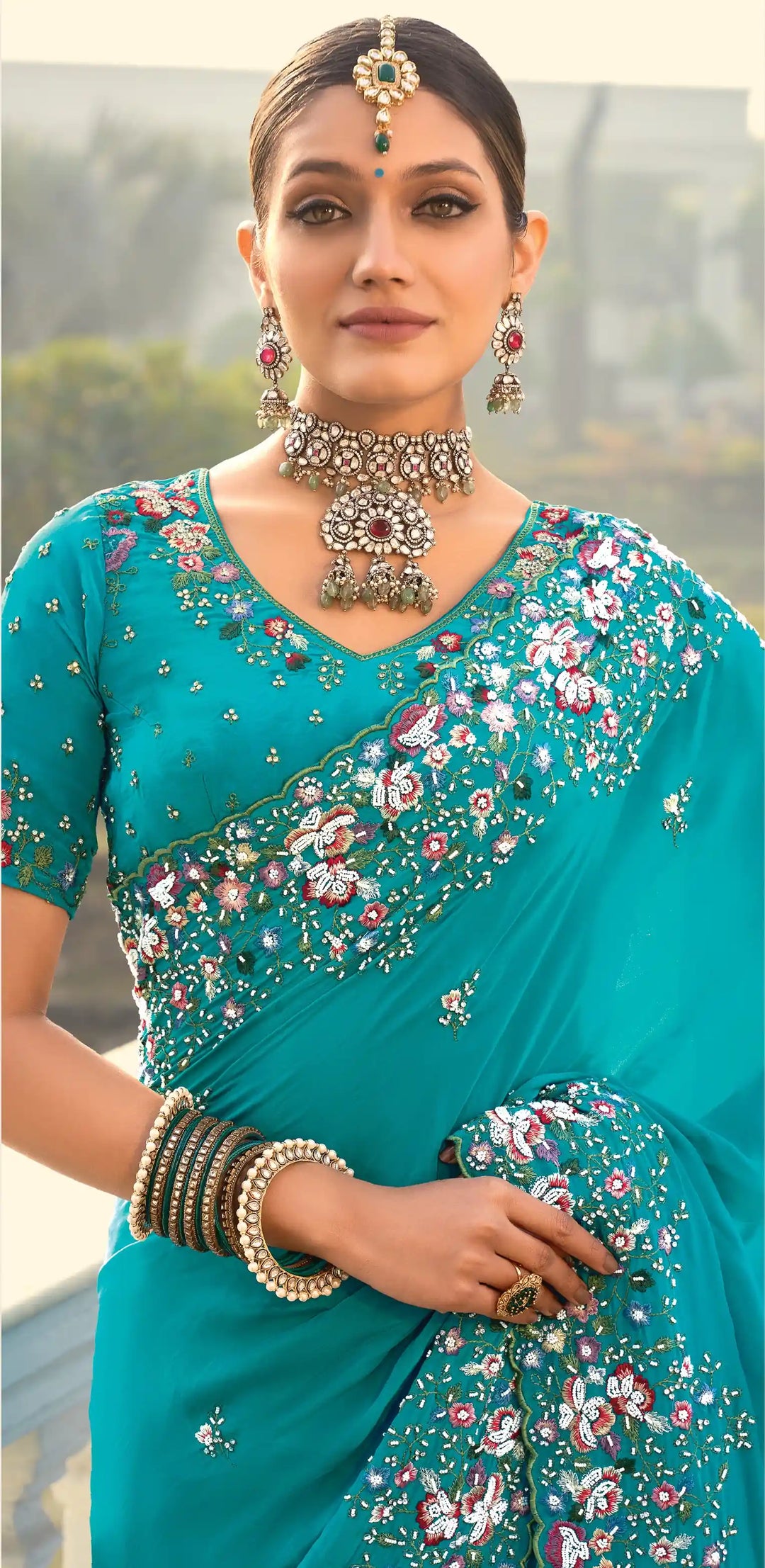 Sea Blue Pure Crape Saree with Moti, Jarkan & Thread Heavy Work