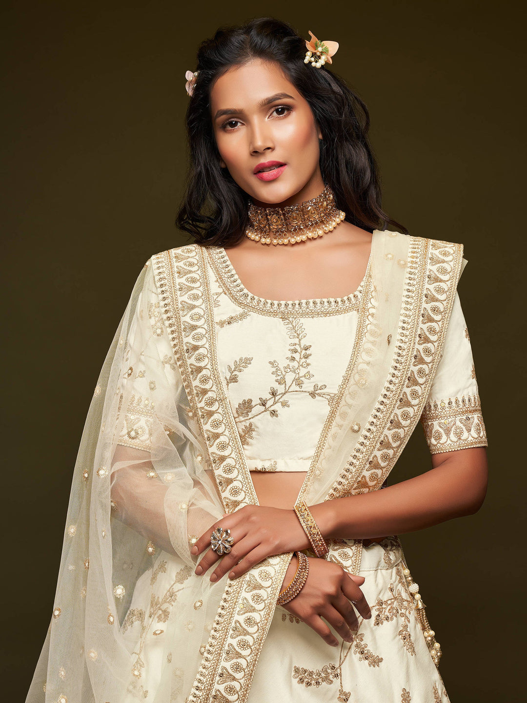 White party wear lehenga with sequin and dori embroidery work