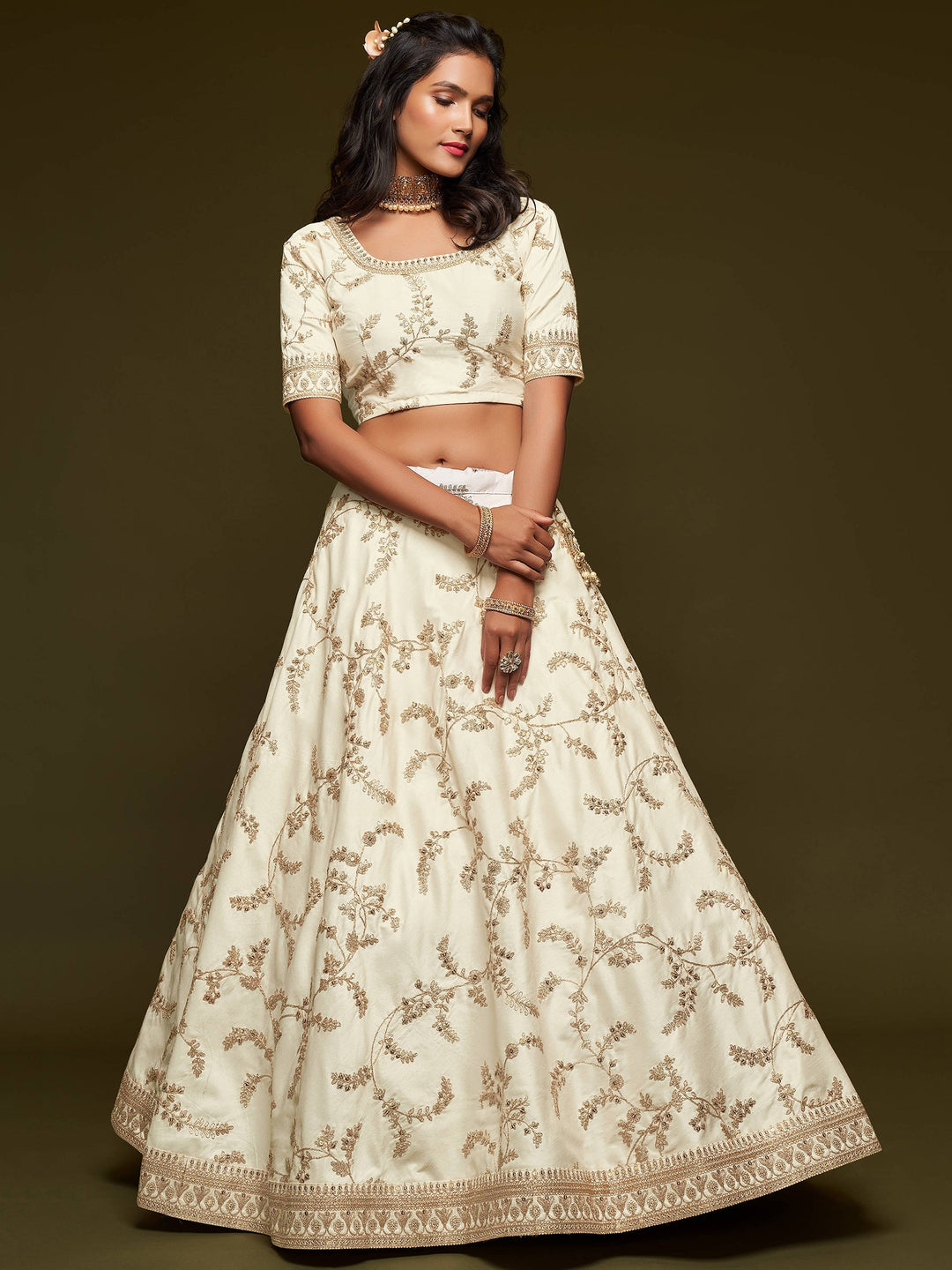 Traditional white lehenga dress with attached can-can inside