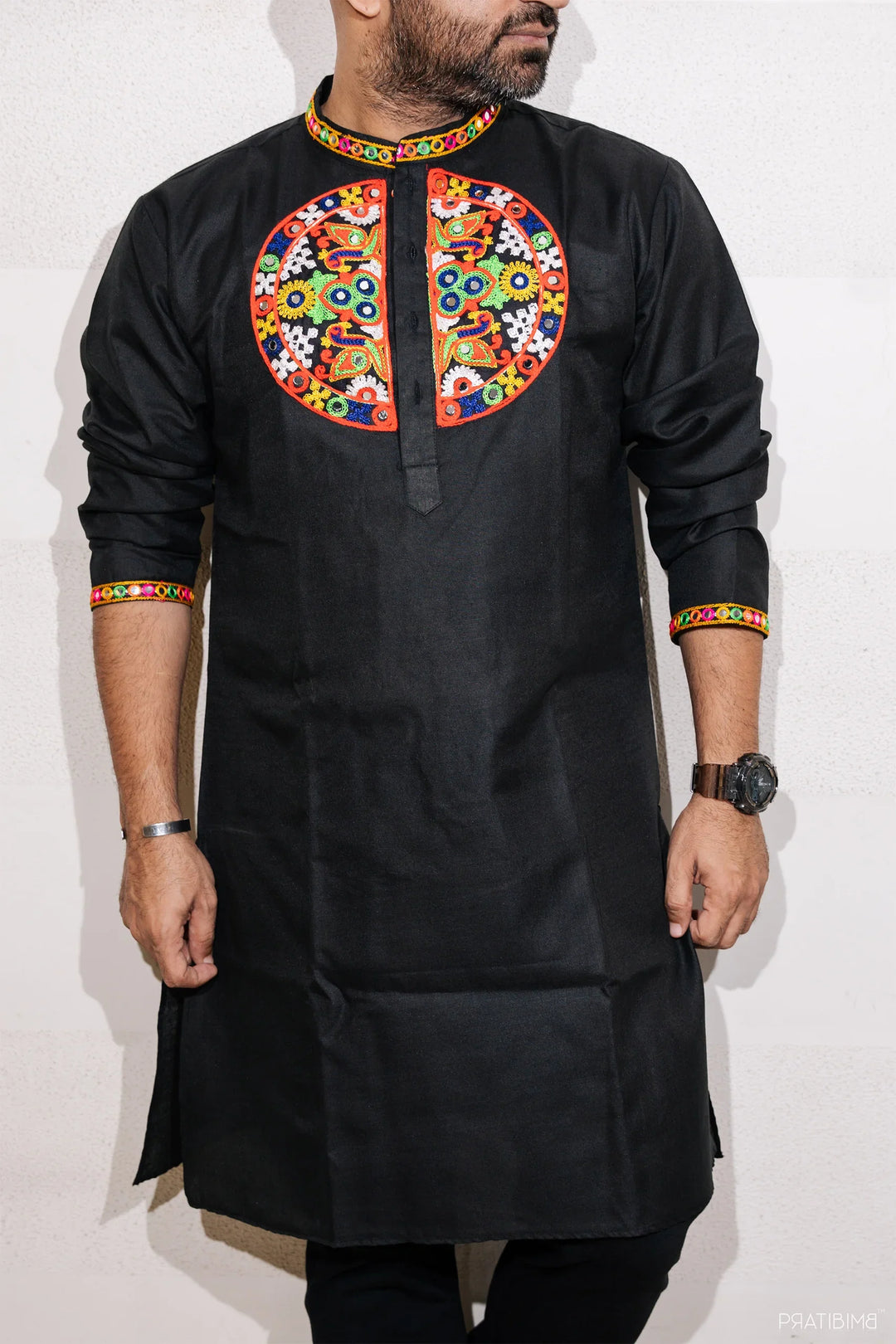 Ethnic Hand Embroidered Black And Multi Color Lehenga Choli With Matching Kurta Pyjama Family Twin Set