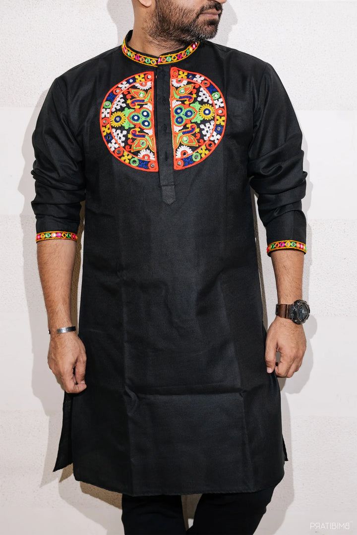 Ethnic Hand Embroidered Black And Multi Color Lehenga Choli With Matching Kurta Pyjama Family Twin Set