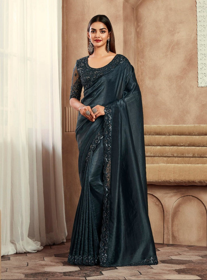 Black Imported Soft Silk Saadi | Timeless Saree for Special Occasions