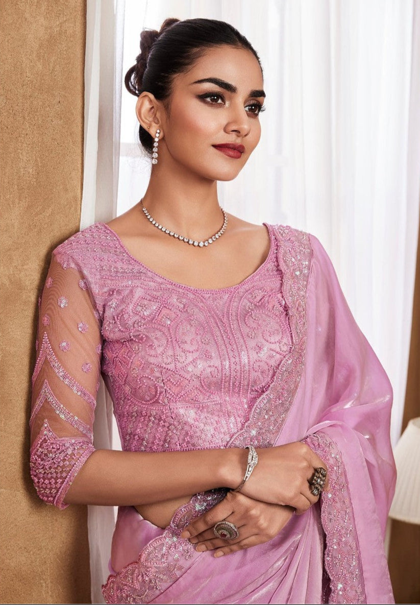 Handcrafted Pink Cherry Silk Saadi | Festive Saree for Weddings & Celebrations