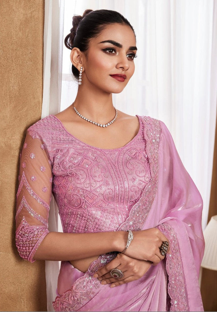 Handcrafted Pink Cherry Silk Saadi | Festive Saree for Weddings & Celebrations