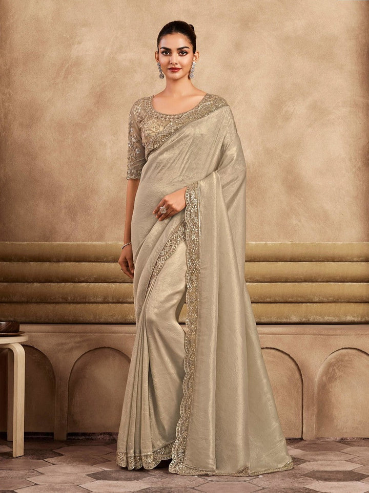 Subtle Beige Shine & Silk Saadi | Timeless Elegance for Formal & Wedding Events