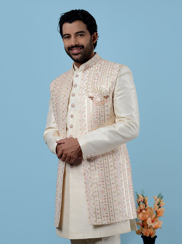 Cream Indo-Western for Men | Elegant Ethnic Wear with Sequins Work