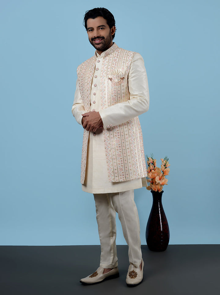 Cream silk blend embroidered Indowestern for men, festive wear