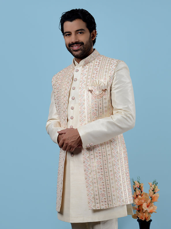 Elegant Cream Silk Blend Indowestern | Men’s Embroidered Festive Wear