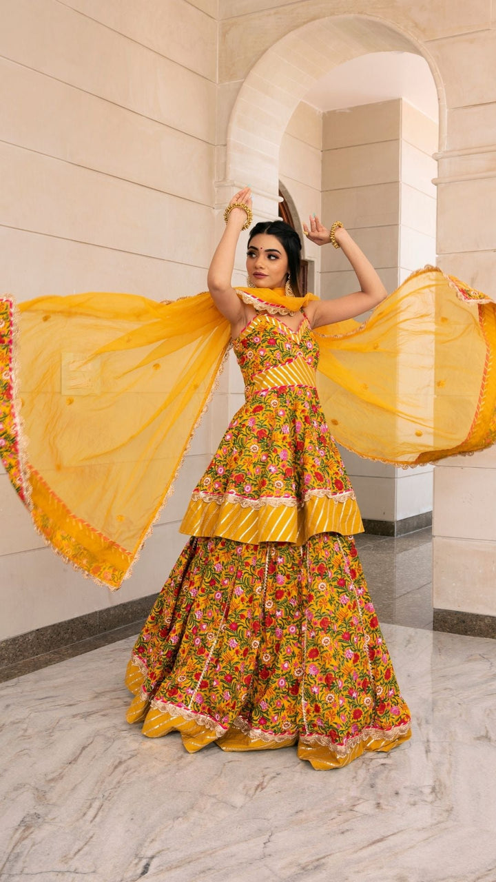 HALDI YELLOW HAND BLOCK PRINT LEHENGA SET - Pomcha Jaipur