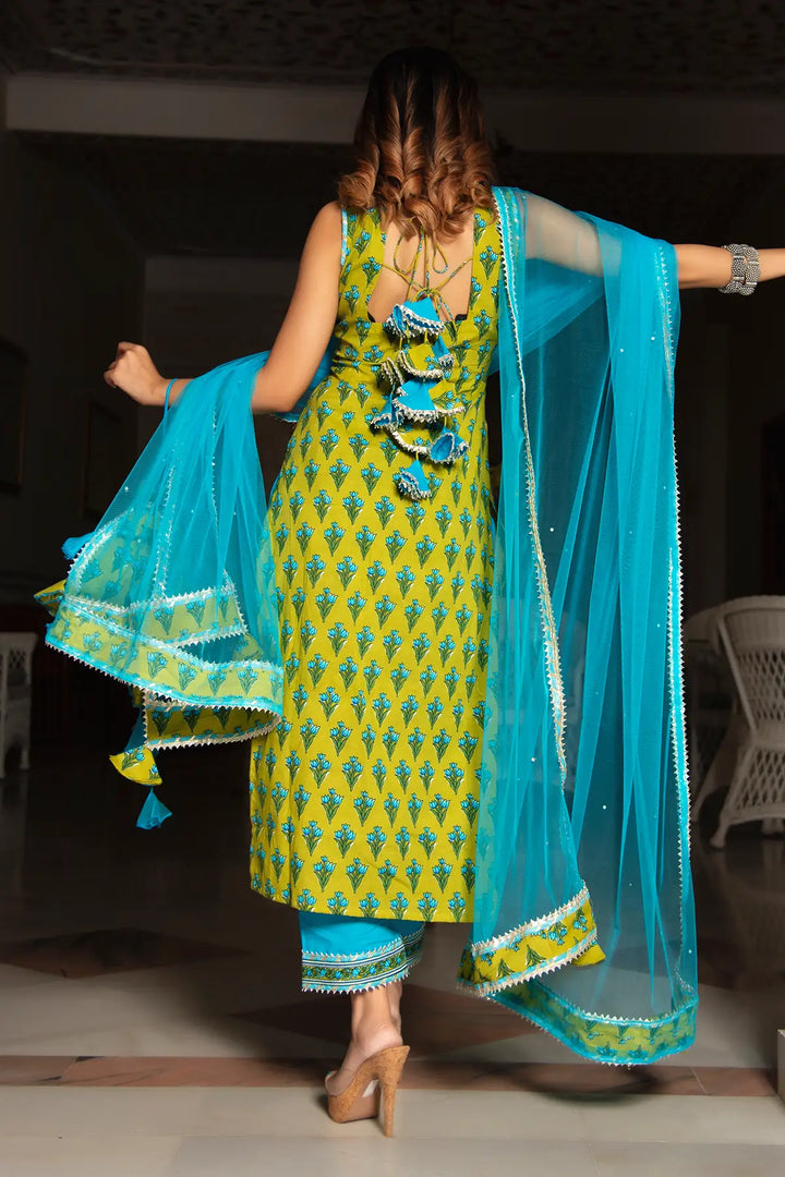 Gulzar Lime & Sky Blue Hand Block Cotton Kurta Suit Set | Organza Dupatta