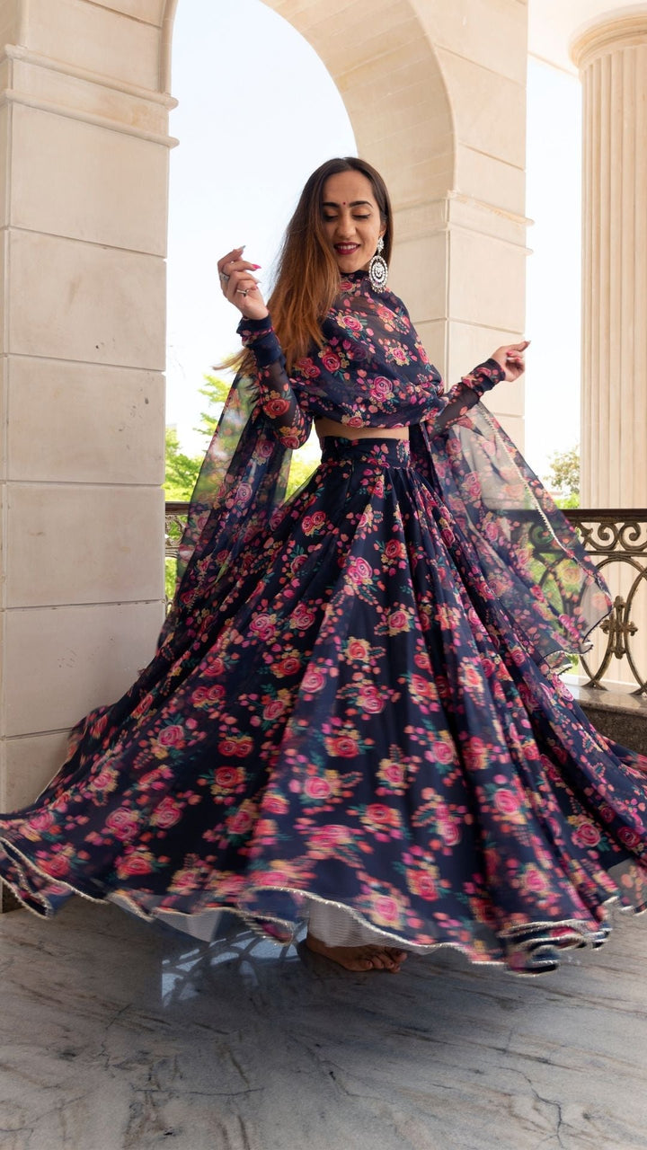 MAJARI BLUE ORGANZA LEHENGA SET - Pomcha Jaipur