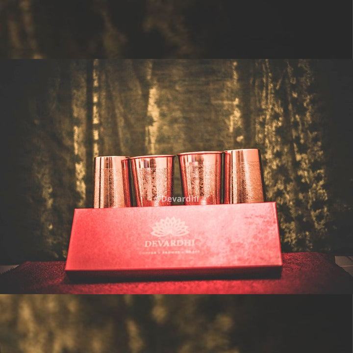 Copper Embossed Glass Set | Unique 4-Piece Drinkware Collection