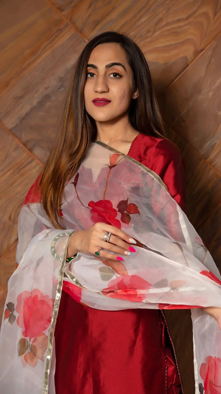 Maroon phool taffeta silk suit | with digital print organza dupatta set signature design