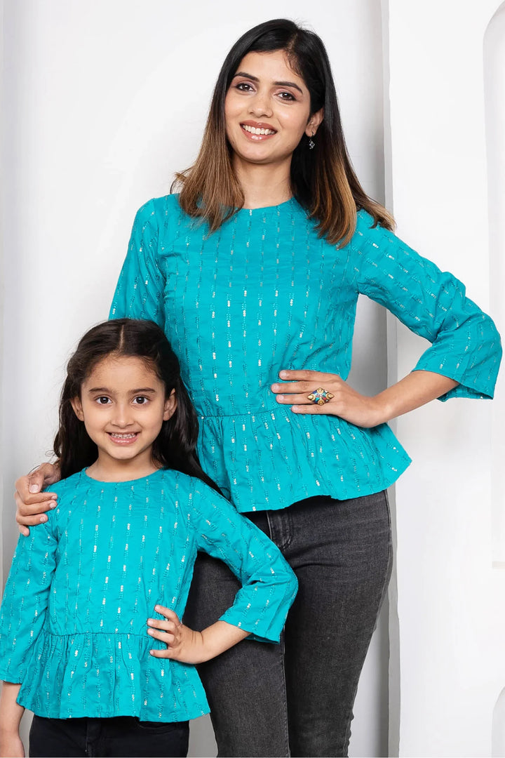 Twinning in Style: Blue & Silver Peplum Tops for Mom & Daughter