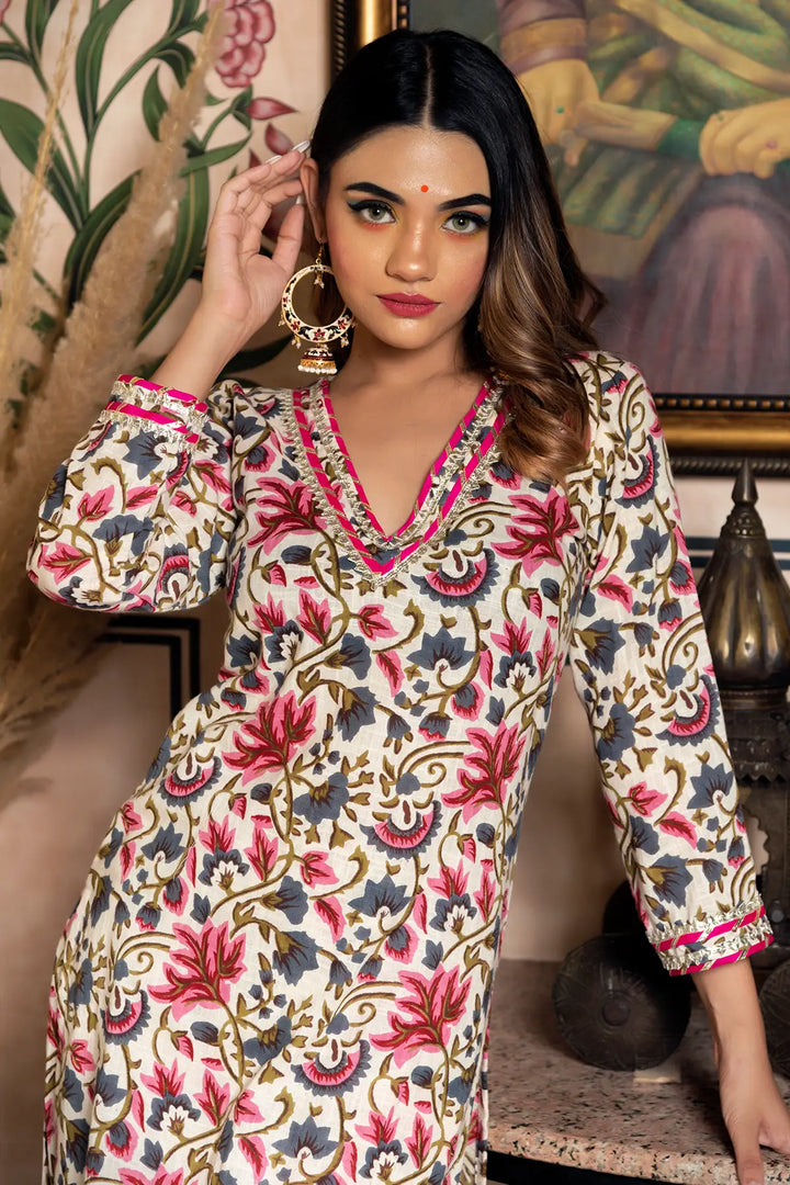 Elegant Off White Cotton Salwar Suit | Garden Rose Block Print Design