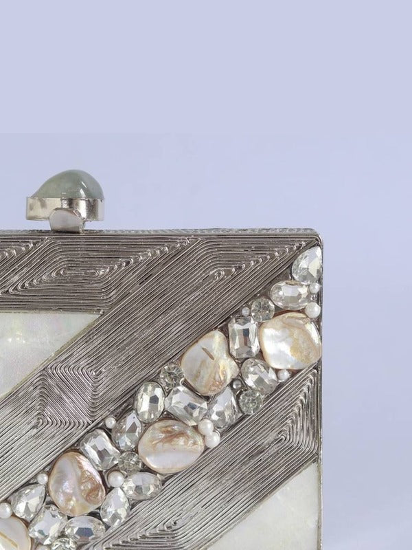 Aisha Embellished Mother of Pearl Clutch | Luxurious Handcrafted Bag