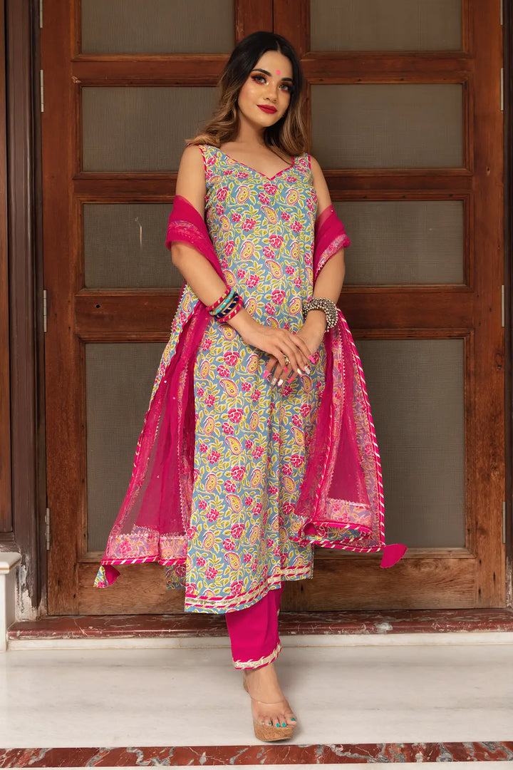 Jaipuri Straight Cotton Salwar Suit Set | Hand Block Print & Net Dupatta