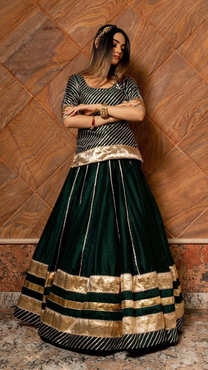 BAISA DARK GREEN COTTON SILK LEHENGA SET - Pomcha Jaipur