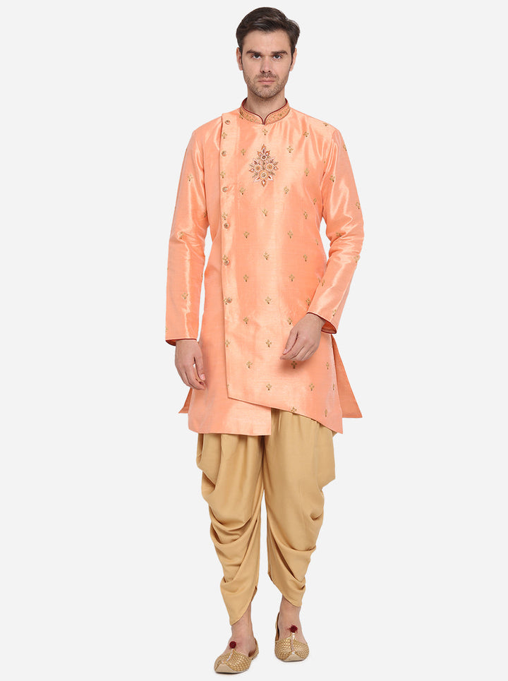 Stylish Peach Indo Western dress for men, featuring a mandarin collar and embroidered kurta.