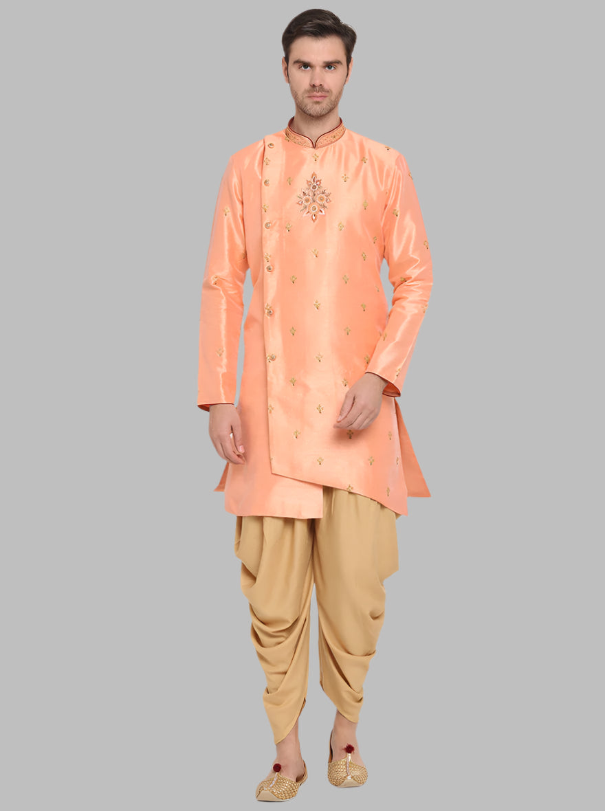 Step into sophistication with this trendy Peach Semi-Indo Western set, designed for stylish men celebrating special occasions in the USA.