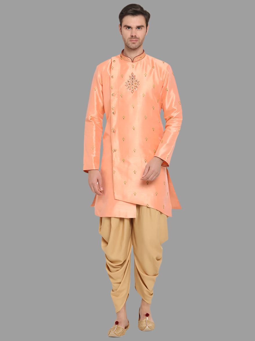 Men's Peach Indo Western Kurta & Dhotti Set, ideal for ethnic wear and traditional events.