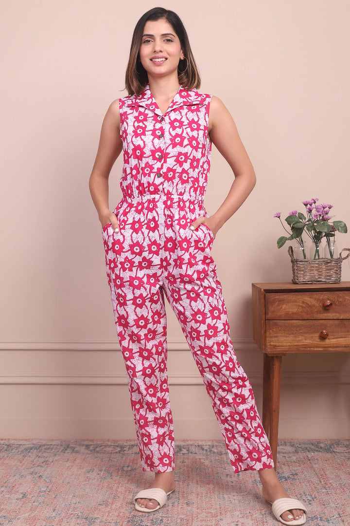 Fashionably Fuchsia: Sleeveless Collared Cotton Jumpsuit Mom and Daughter Twinning Set